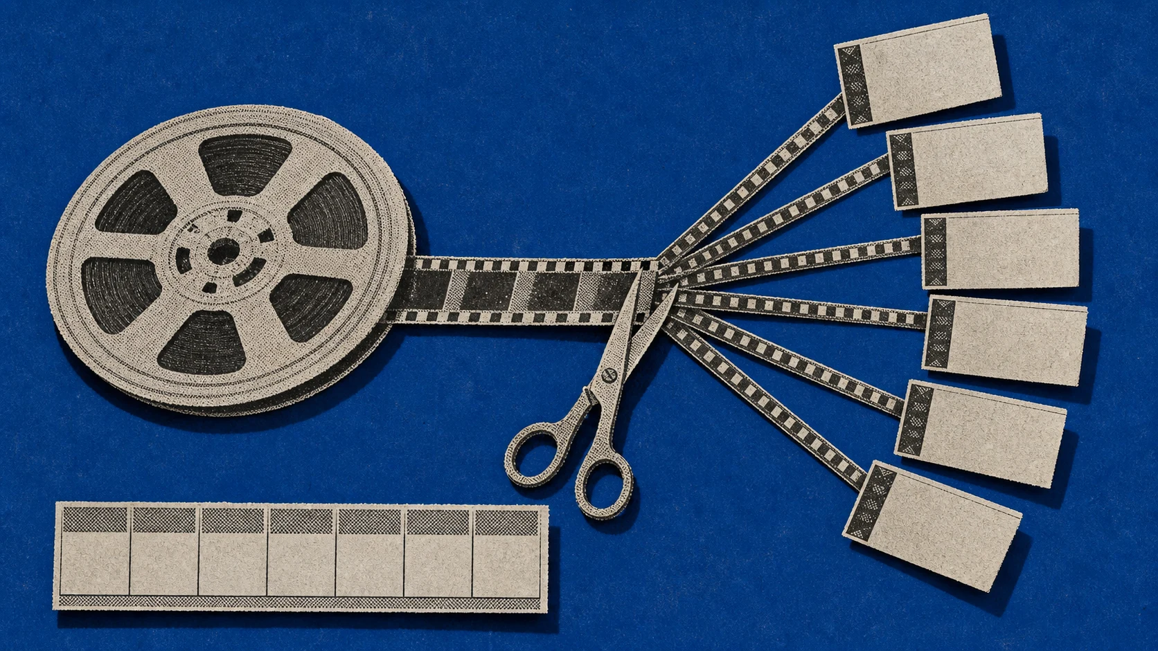 A long source reel branching into vertical clip cards beside a weekly calendar and editing scissors.